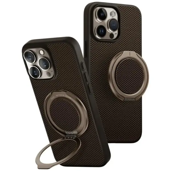 UNIQ KEVA AIR+GRIPFIT ENHANCED 3D ARAMID FIBRE CASE WITH MAGNETIC GRIP AND ALUMINIUM RING STAND FOR IPHONE 16 PRO | BROWN